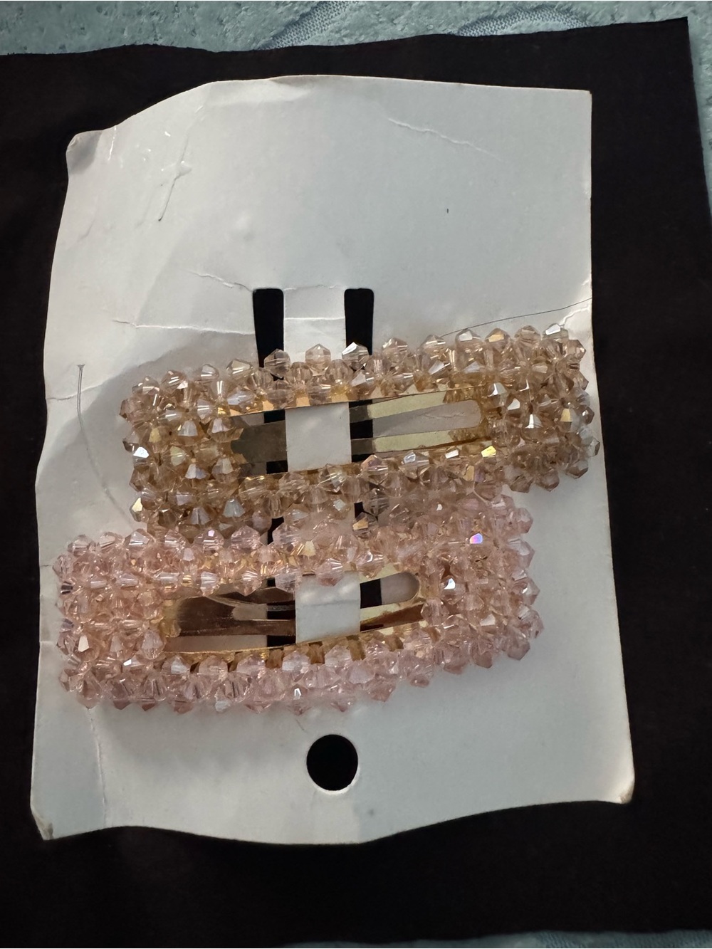 Crystal Bead Rectangle Hair Clips - Pair (Pink & Champagne)